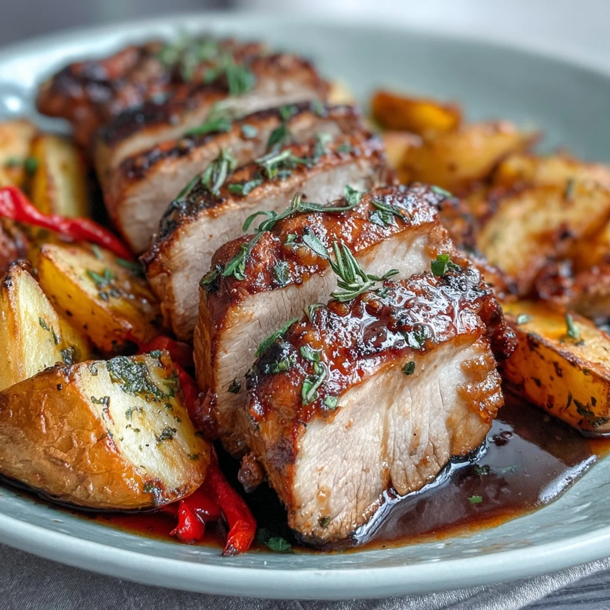 Golden roasted potatoes and caramelized red peppers frame slices of marinated Ibérico pork fillet, ready to serve.