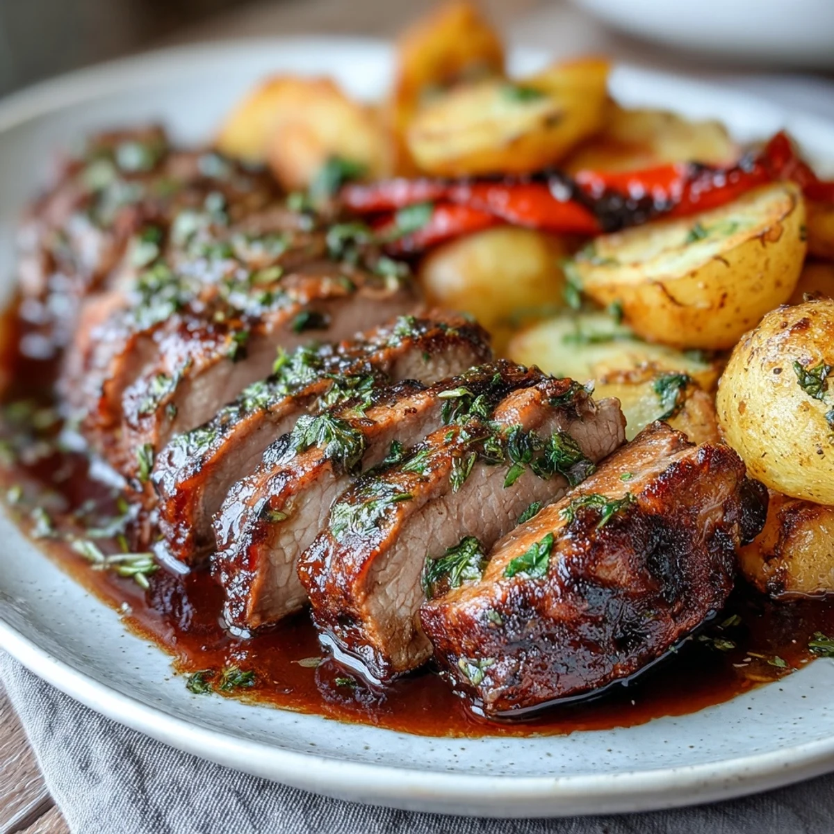 A close-up shows juicy marinated Ibérico pork fillet alongside roasted potatoes and peppers for a Spanish-inspired meal.