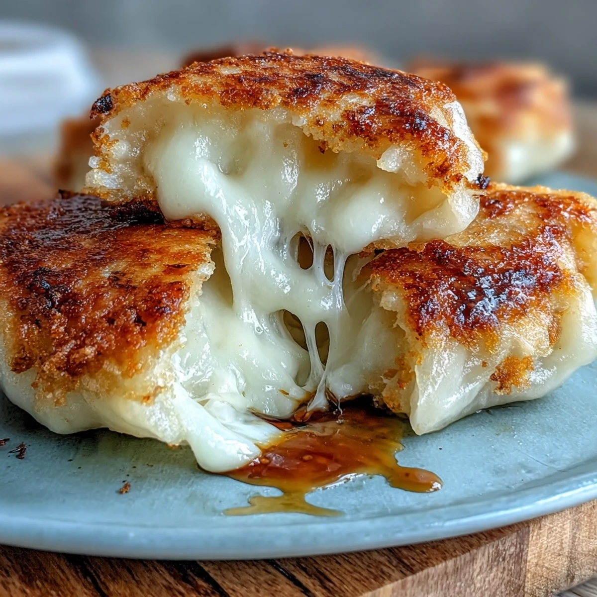 Golden-brown pan-fried Chīzu Imomochi dumplings, coated in glossy soy-honey glaze, served on a plate.