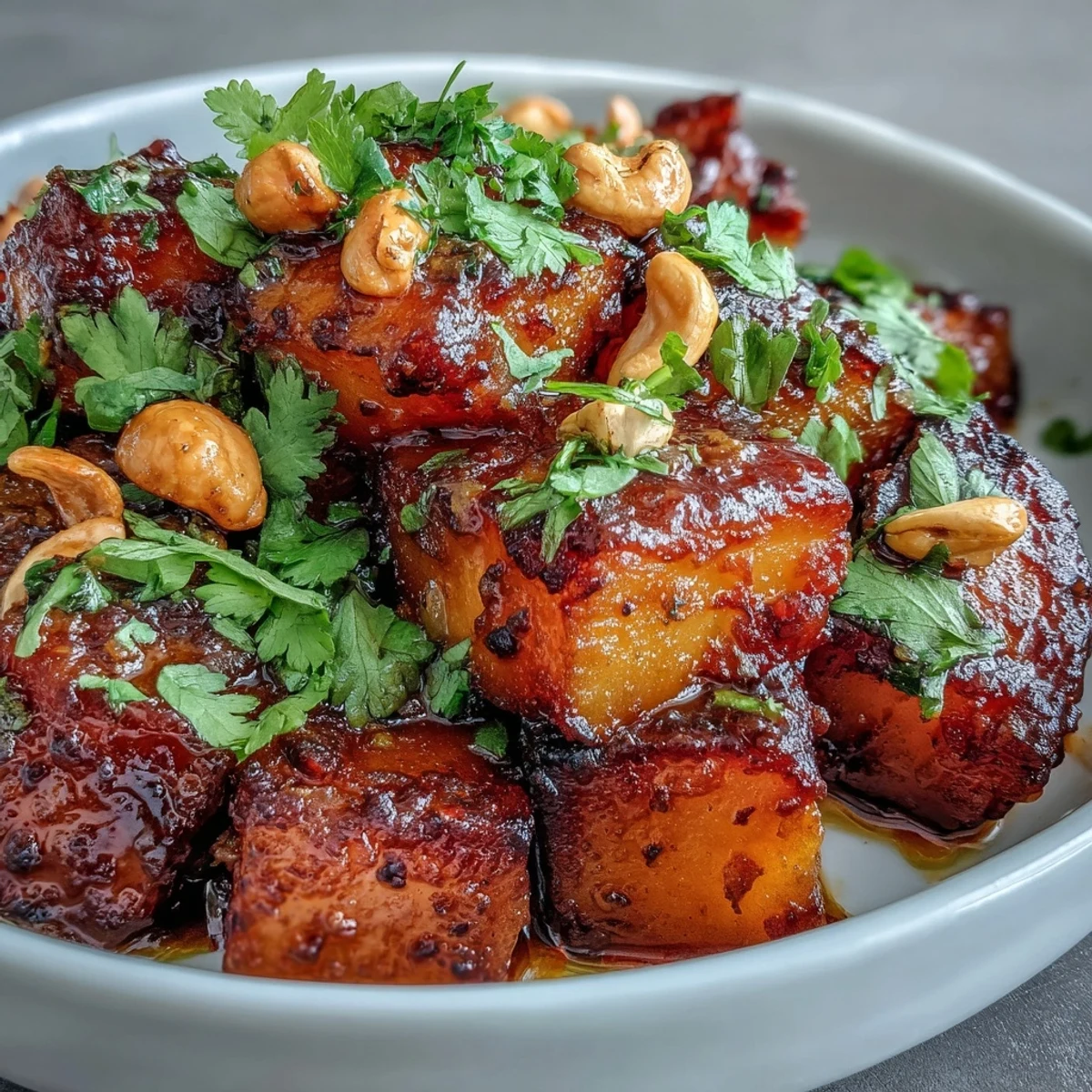 Golden roasted celeriac chunks glisten in a creamy, aromatic curry sauce, garnished with fresh cilantro and cashews for a hearty vegetarian main.  