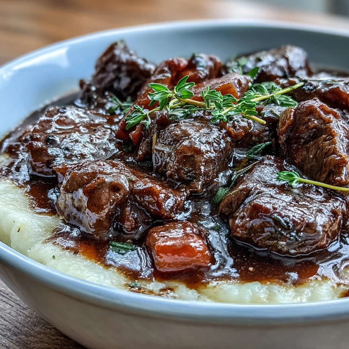 Hearty venison stew with sloe gin served beside a mound of soft polenta, ideal for a cozy Sunday dinner.