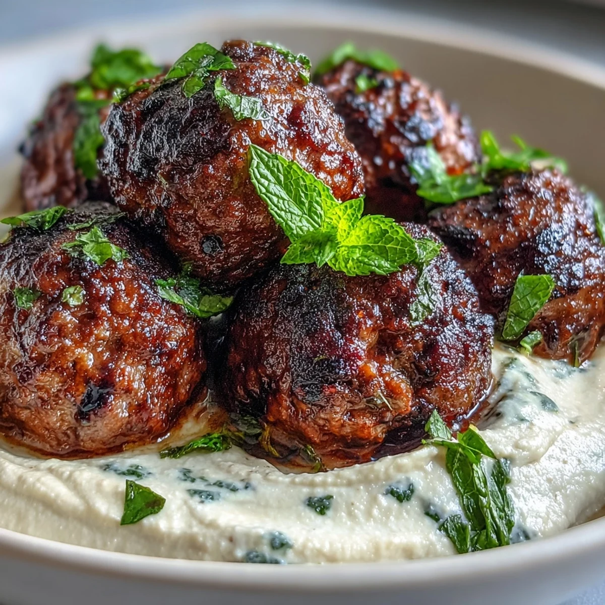 Close-up of tender venison meatballs, cucumber salad, and hummus dip on a rustic table.