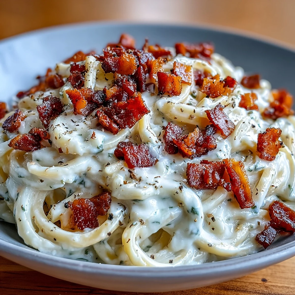Creamy Celeriac Carbonara with crispy pancetta and extra Parmesan, served warm and twirled on a fork.