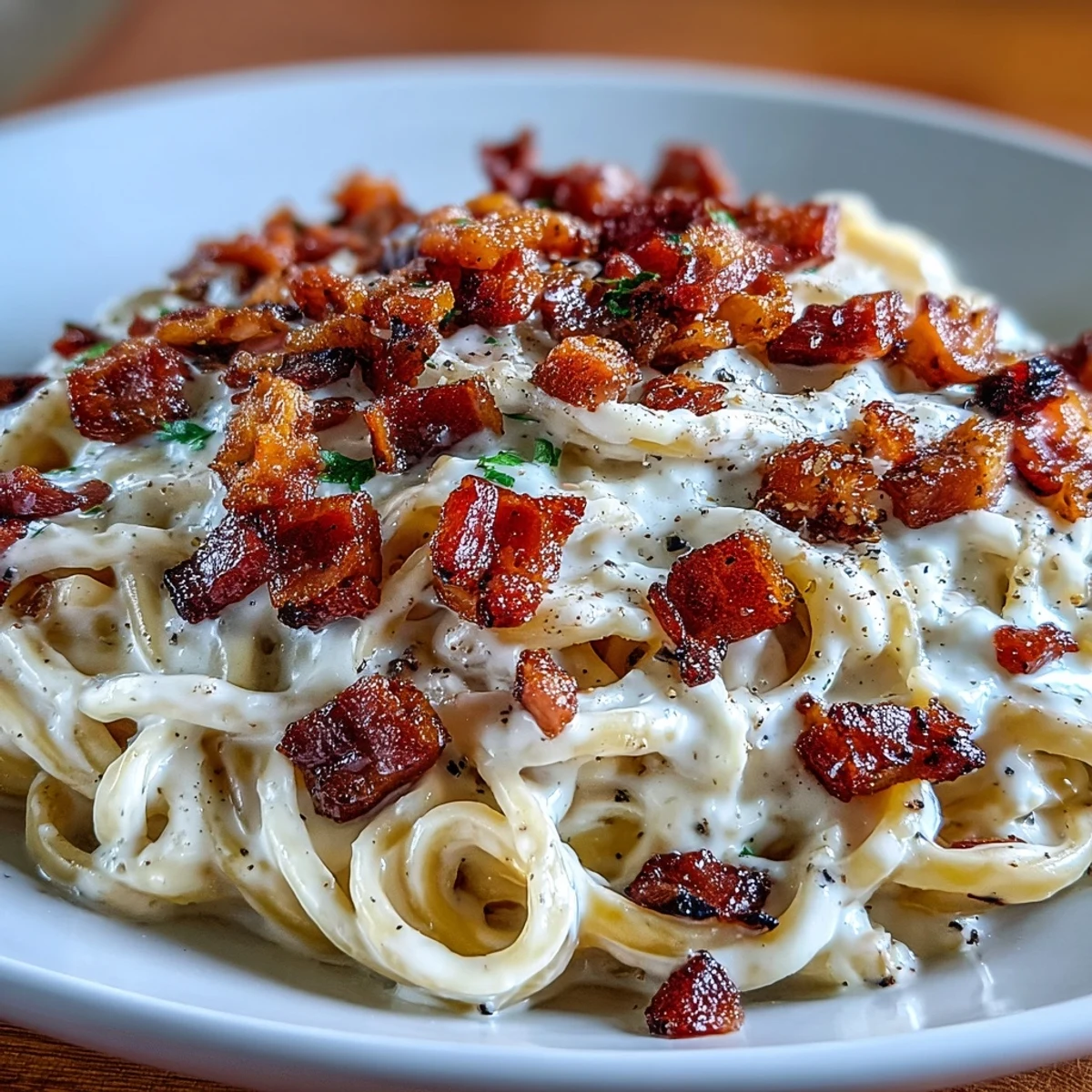 Close-up of golden Celeriac Carbonara tossed in a rich egg sauce, garnished with black pepper and cheese.