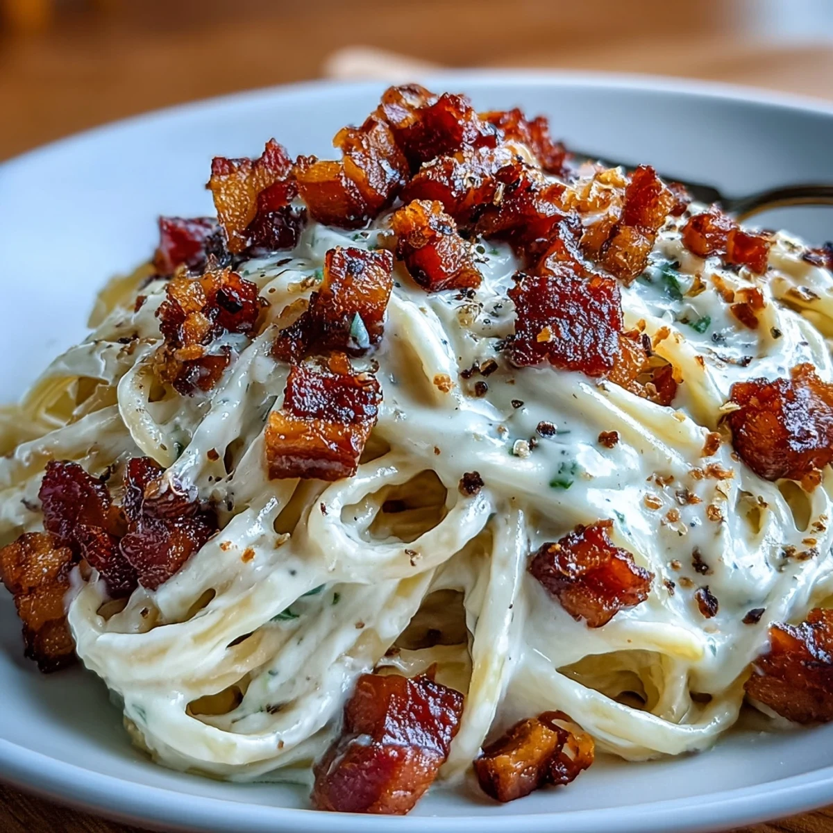 Spiralised celeriac noodles in a skillet of Celeriac Carbonara, blending Italian-inspired flavors with low-carb ingredients.