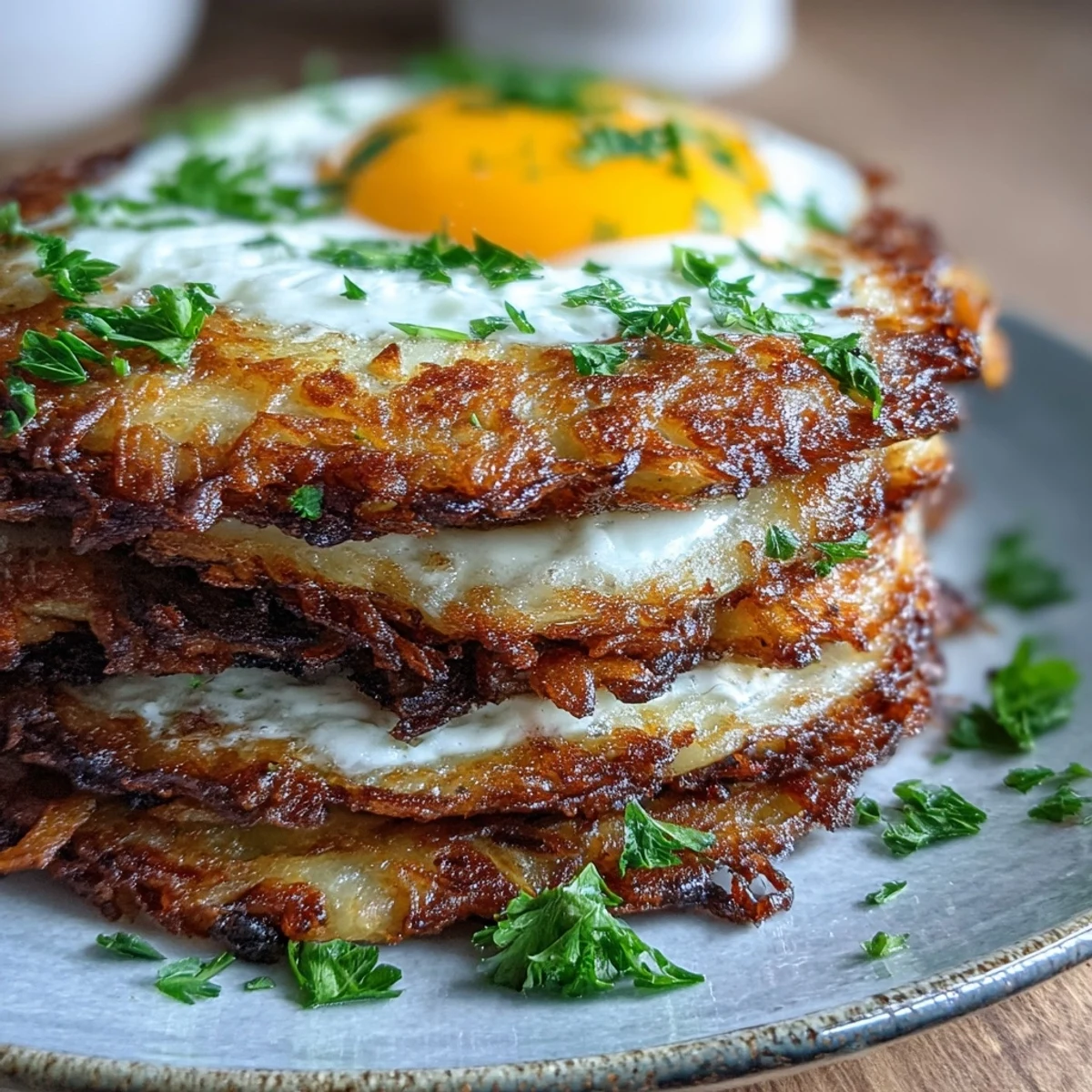 A vibrant brunch plate of gluten-free celeriac rösti and fried eggs, drizzled with creamy harissa yogurt and lemon wedges.