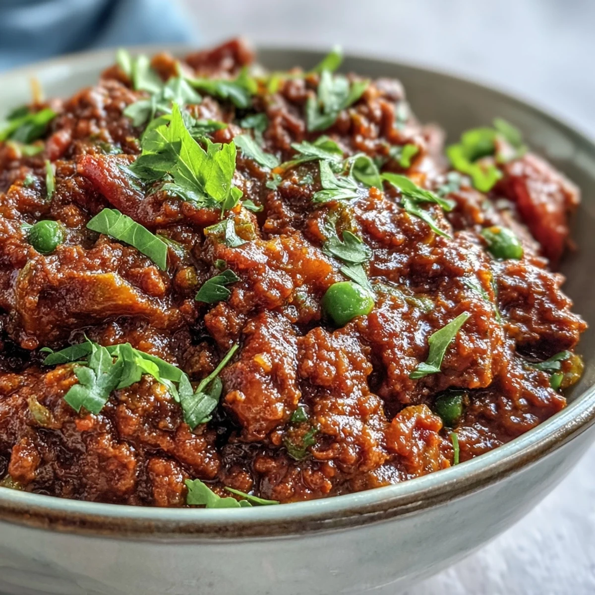 Sizzling ground venison simmers in the Venison Keema Curry, flecked with peas and fragrant spices in a rich, tomato-based sauce.