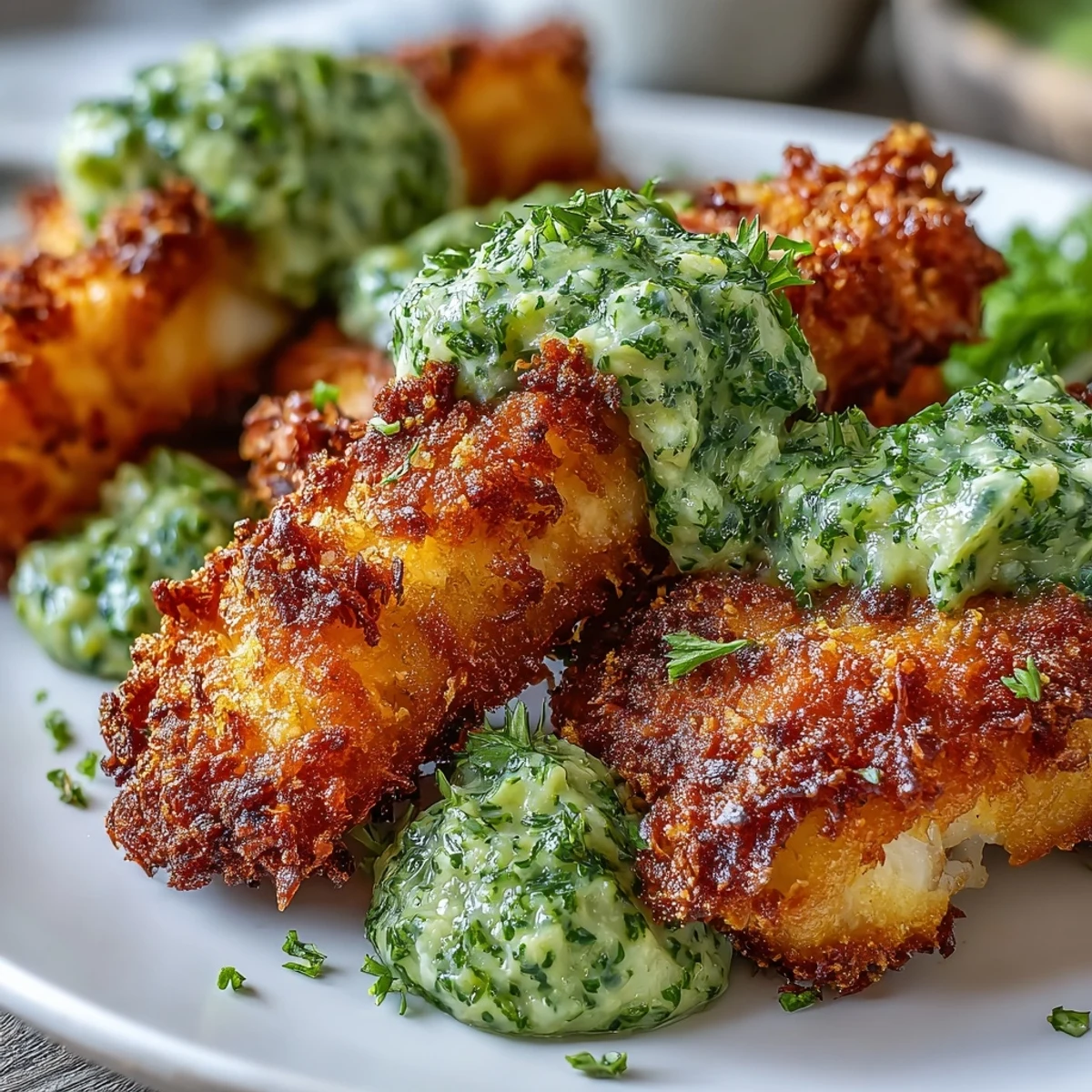 Golden-brown Haddock Goujons With Parmesan Crust arranged on a plate with bright pea pesto and lemon wedges.