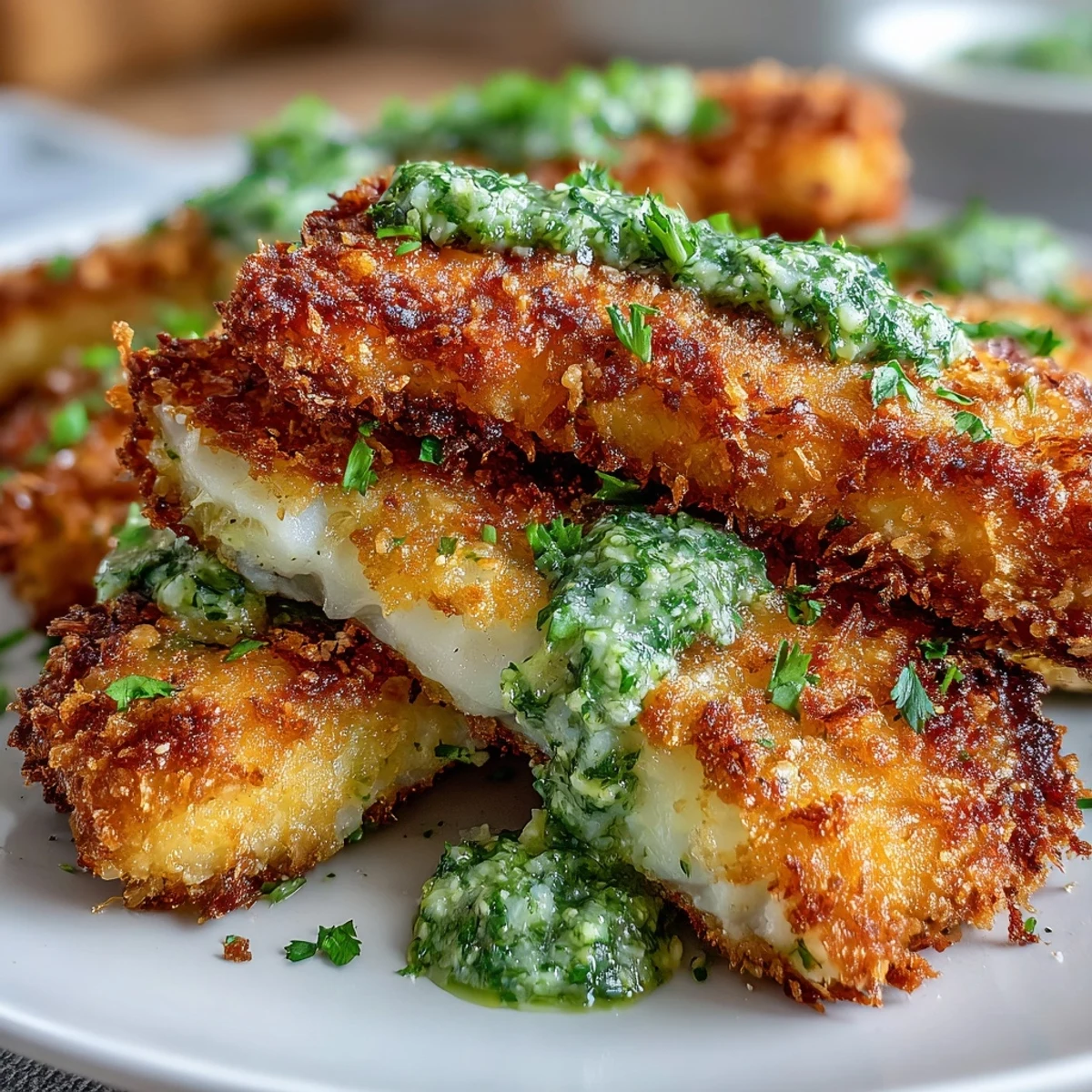 Freshly baked Haddock Goujons With Parmesan Crust dipped into a bowl of creamy green pea pesto.