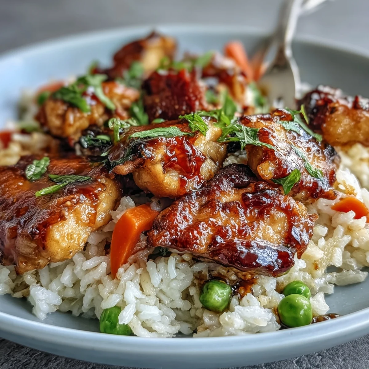 Golden honey BBQ glazed chicken pieces, fluffy rice, and colorful mixed vegetables steamed in a single skillet for a hearty family dinner.