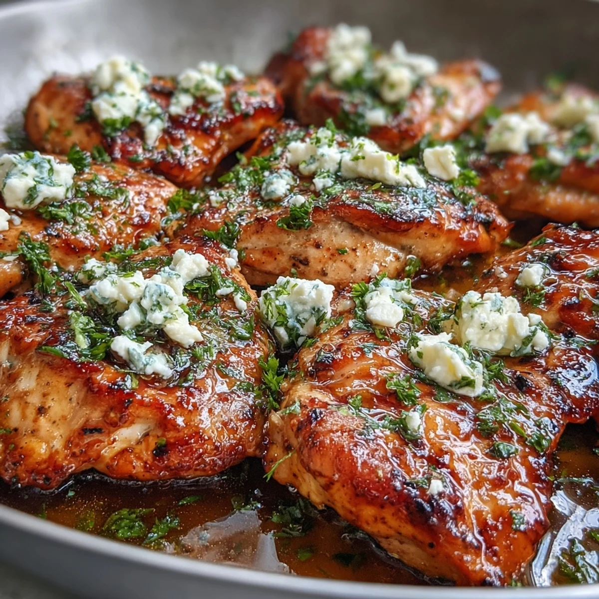 Golden-brown Greek Chicken with Lemon and Feta garnished with fresh parsley on a white plate.