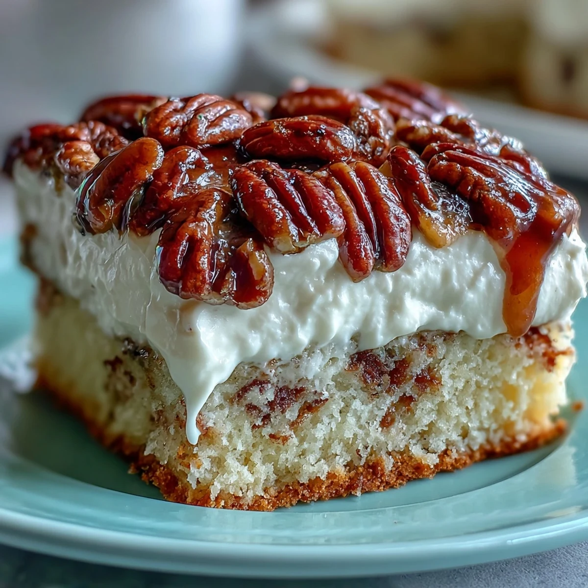 Freshly baked Butter Pecan Tres Leches Cake soaked in a rich milk mixture and topped with sweet whipped cream.
