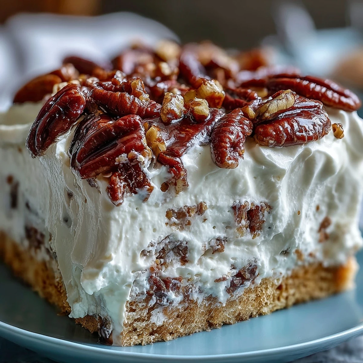 Decadent slice of Butter Pecan Tres Leches Cake on a plate, featuring moist layers and crunchy nut topping.