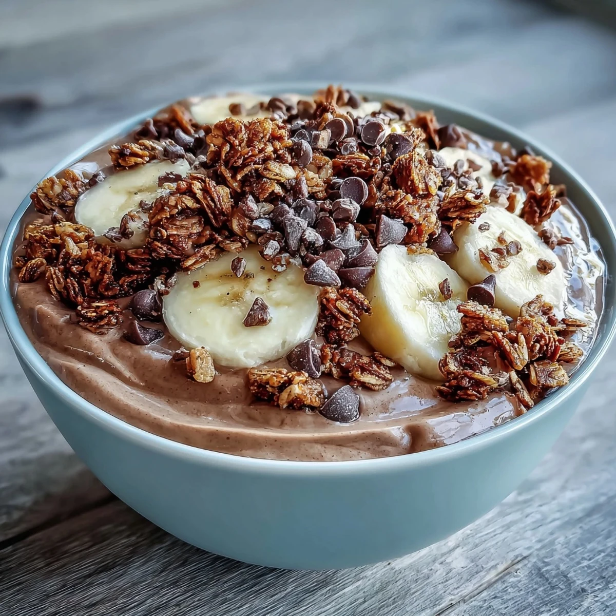 Vibrant fresh banana slices and cacao nibs garnish these wholesome Chunky Monkey smoothie bowls for breakfast.