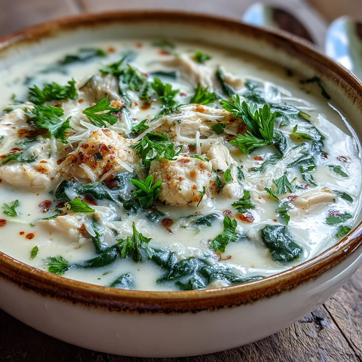 Creamy Garlic Parmesan Chicken Soup served in a rustic bowl, topped with fresh parsley and grated cheese, perfect for a cozy dinner.