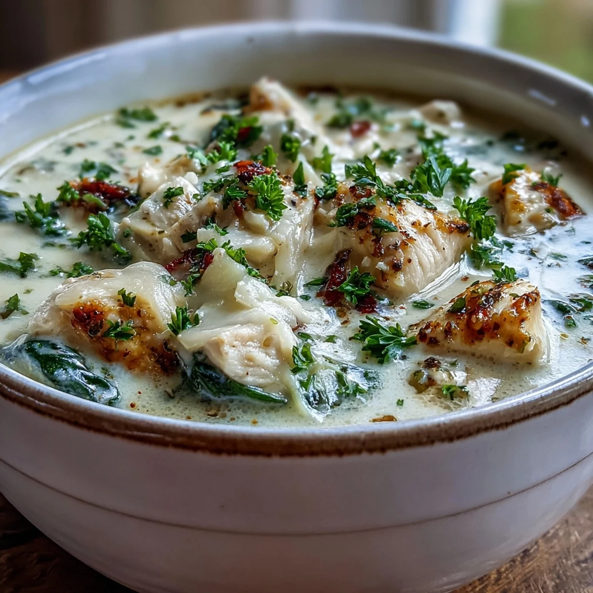 Close-up of steaming Garlic Parmesan Chicken Soup, showcasing velvety broth, golden chicken, and melted Parmesan, garnished with fresh herbs.