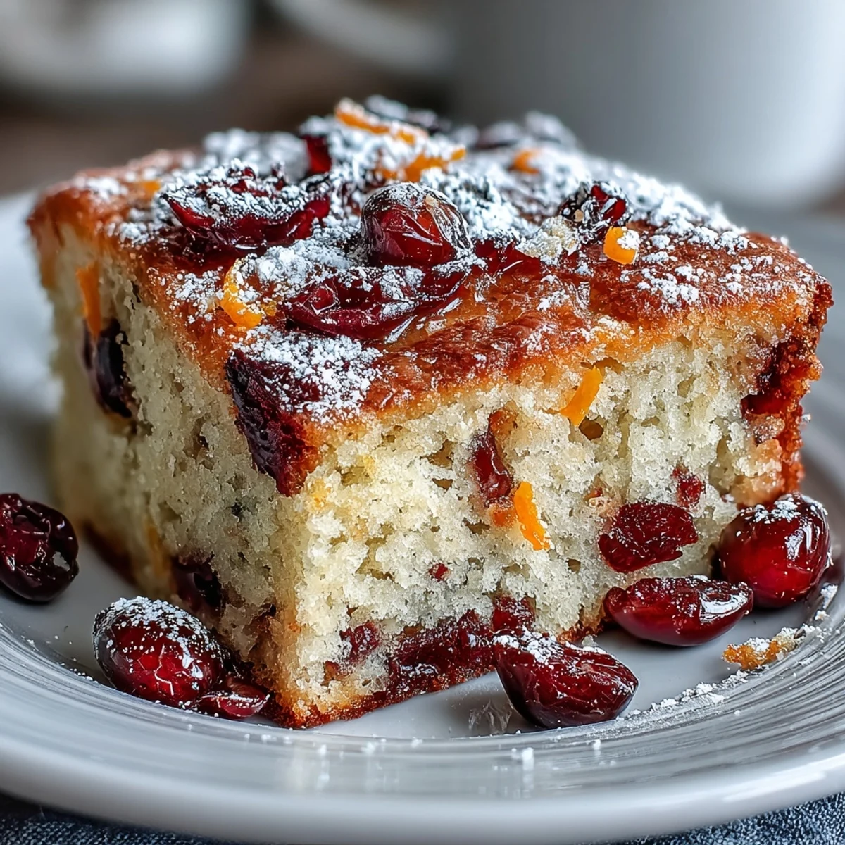 Warm Cranberry Orange Breakfast Cake served with a steaming cup of coffee, perfect for a cozy brunch gathering.
