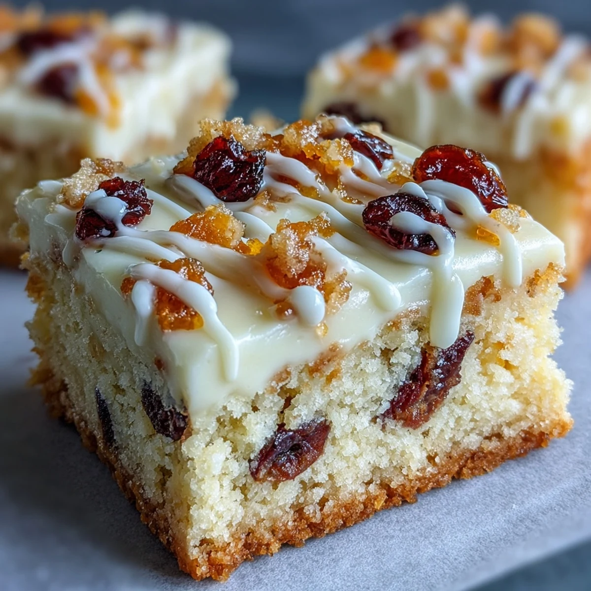 Frosted Cranberry Bliss Bars topped with white chocolate drizzle, ready for holiday dessert platters.