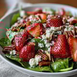 Fresh strawberry spinach salad with poppyseed dressing in a white bowl, garnished with sliced almonds and crumbled feta cheese.
