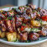 Grilled Pineapple Chicken Skewers with juicy marinated chicken and sweet caramelized pineapple chunks sizzling on the grill.  