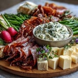 Spring-inspired charcuterie board with radishes, peas, and creamy herb dip, perfect for light entertaining.  