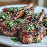 Close-up of tender lamb chops sizzling in a hot skillet, infused with garlic and herb gremolata aroma.