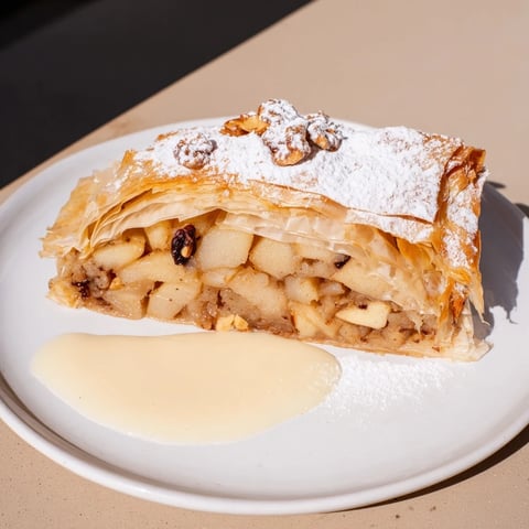 Golden-brown apple strudel, flaky and delicious, served warm with rich vanilla sauce for dessert.