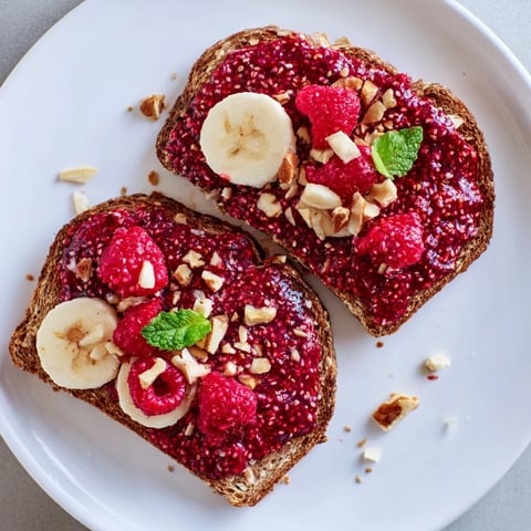 A close-up of vibrant raspberry chia jam toast, a perfect, flavorful breakfast treat.