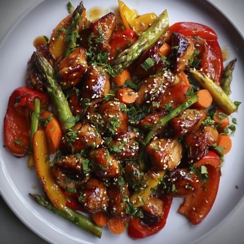 A close-up of Sheet Pan Honey Garlic Chicken, featuring tender glazed chicken and colorful roasted spring vegetables like bell peppers and asparagus on a dark baking sheet.