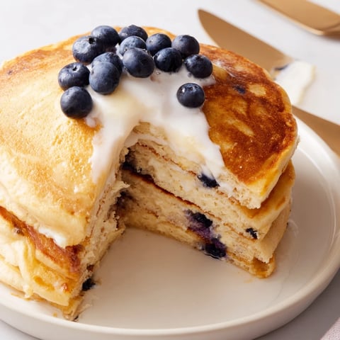 Golden-brown Protein Power Pancakes stacked high, topped with a dollop of Greek yogurt and fresh blueberries on a white plate.  
