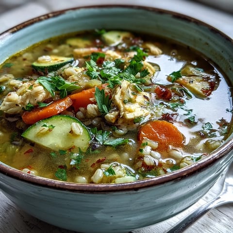 Golden Soothing Turmeric Chicken With Pearl Barley soup steaming in a rustic bowl, garnished with fresh parsley and lemon wedges.