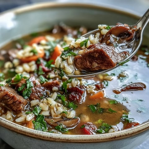 Steaming hot Vegetable Beef, Barley, and Mushroom Soup is ladled into a rustic bowl, revealing tender beef chunks and vibrant carrots. 
