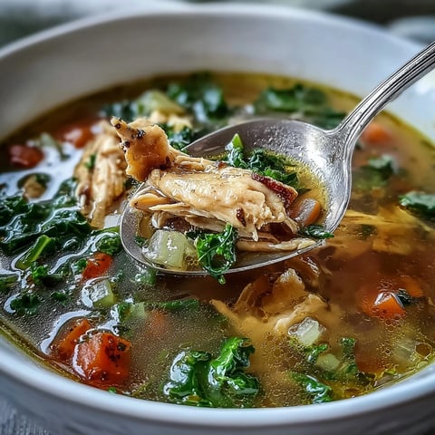 Golden turmeric High Protein Lemon and Turmeric Chicken Soup with tender chicken, baby kale, and zesty lemon in a white bowl.