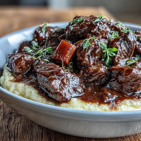 Savory venison stew with sloe gin and polenta in a rustic bowl, garnished with thyme sprigs for a comforting winter meal.