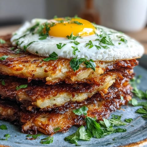 Crispy golden celeriac rösti topped with a swirl of spicy harissa yogurt and a perfectly fried egg, served with fresh parsley.