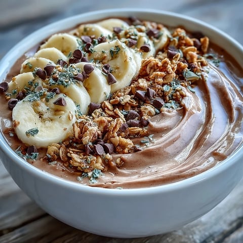 Thick and creamy Chunky Monkey smoothie bowls, swirled with rich chocolate and topped with crunchy granola.
