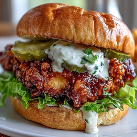 Crispy Spicy Chicken Sandwich with Creamy Homemade Sauce on a toasted brioche bun, topped with lettuce, tomato, and dill pickles.