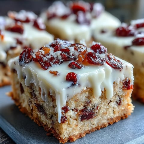 Golden-baked Cranberry Bliss Bars with zesty orange cream cheese frosting and white chocolate drizzle on a cooling rack.