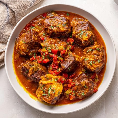 Golden egg noodles underneath a generous serving of Hungarian Goulash, garnished with parsley.