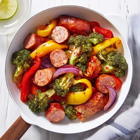 Golden-brown sheet-pan sausage, broccoli, and peppers with vibrant colors, perfect for a rustic family supper.