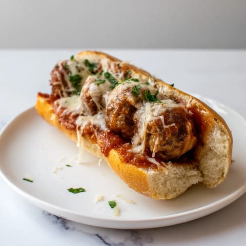 Juicy Meatball Marinara Sub sandwiches, overflowing with bubbling cheese and rich tomato sauce, served warm.
