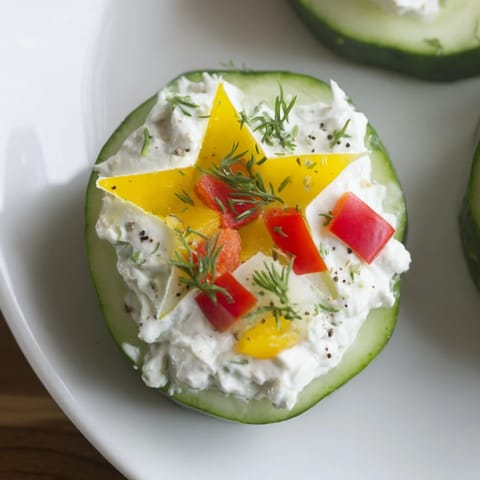 Cool, refreshing Holiday Star Cucumber Bites with creamy cheese, perfect for a festive party.