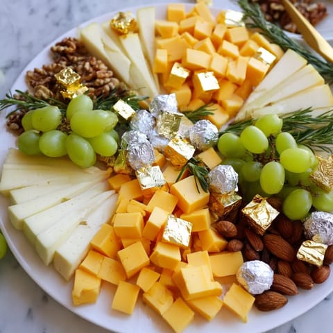 A delectable close-up of the Gold and Silver Cheese Cube Board, showcasing fresh fruit and crackers.