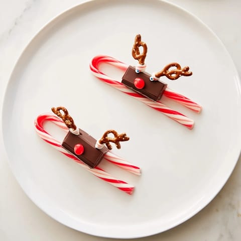 Chocolatey mini bars form the base of these fun Rudolph Candy Cane Sleds, a sweet holiday treat.