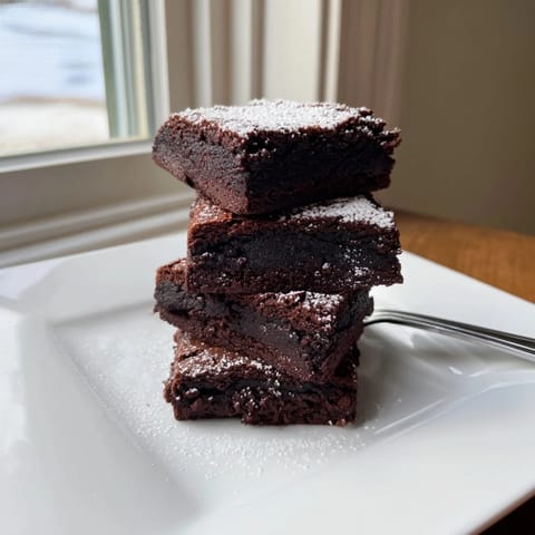 Brownie squares with powdered sugar