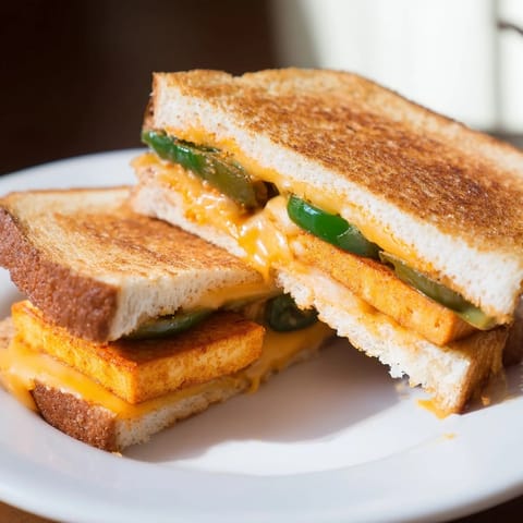 A close-up of a Spicy Crispy Tofu Grilled Cheese, oozing vegan cheese, ready to be sliced and enjoyed.