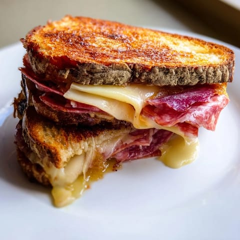 See this delightful Charcuterie Grilled Cheese; layers of meat & cheese, a cozy & gourmet sandwich.