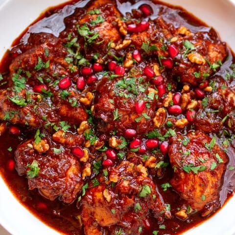 A close-up of a steaming bowl of Iranian Fesenjan stew with glistening, walnut-infused sauce and tender meat.