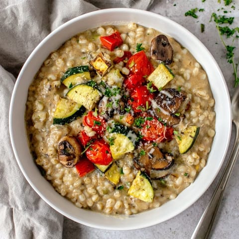 Cozy bowl of creamy pearled barley with roasted cherry tomatoes and cremini mushrooms, garnished with fresh parsley for a rustic touch.