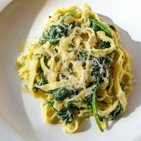 A close-up of Creamy Spinach Garlic Noodles with steaming sauce clinging to silky egg noodles and fresh spinach.  
